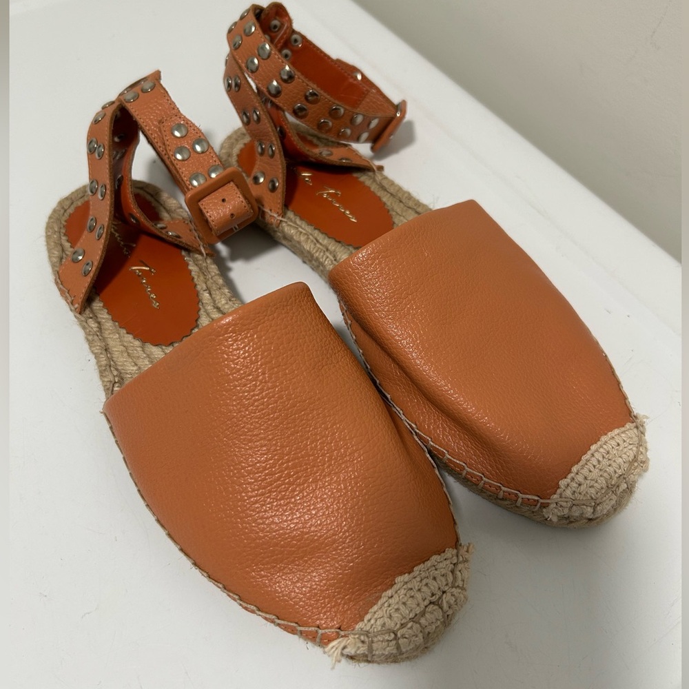 Paula Torres Leather Studded Espadrille Sandals Peach Orange Size 9 US 38 BRA